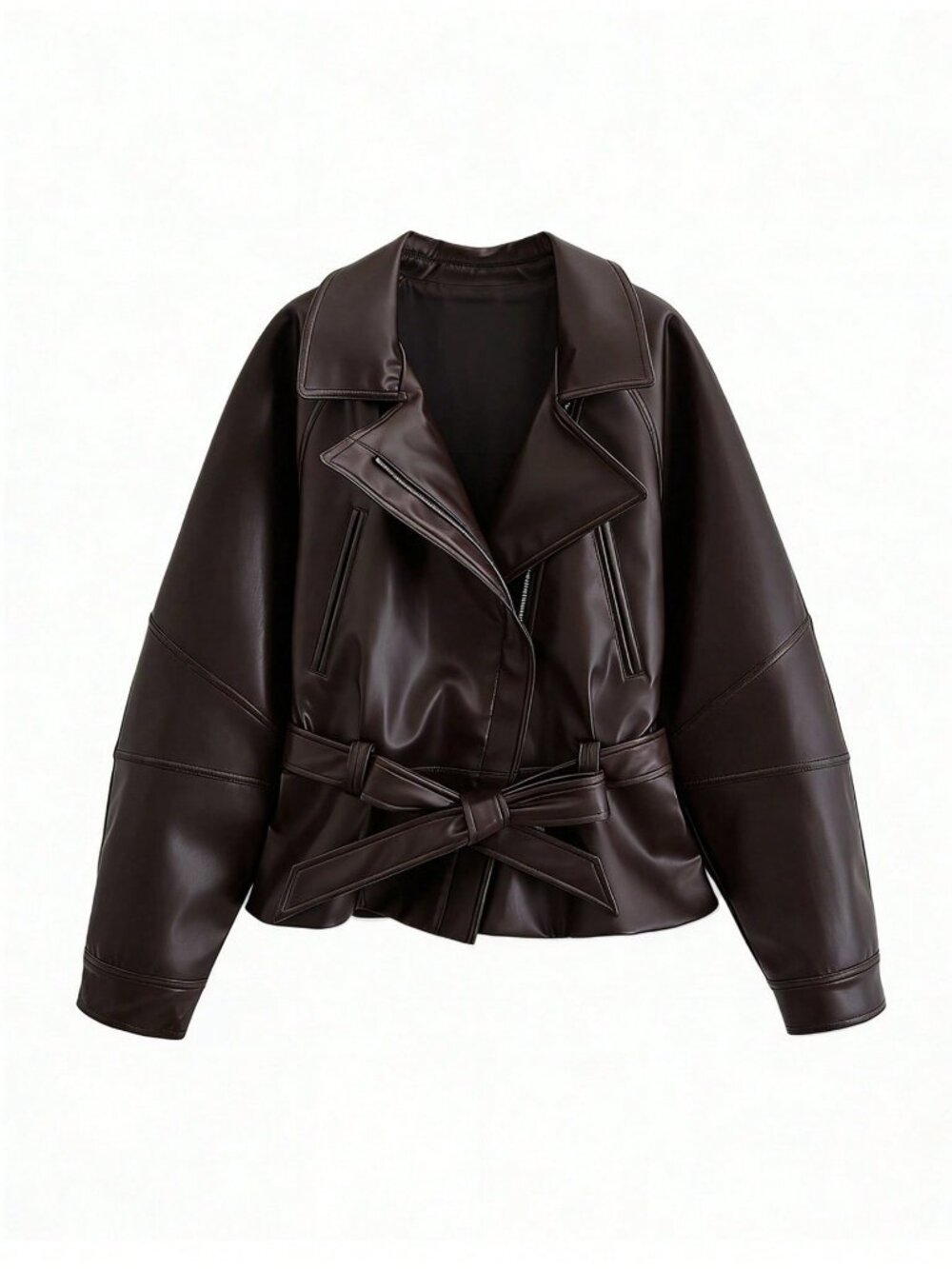 Brown Casual Women's Turndown Collar Faux Leather Jacket with Belt - Picture 3 of 4